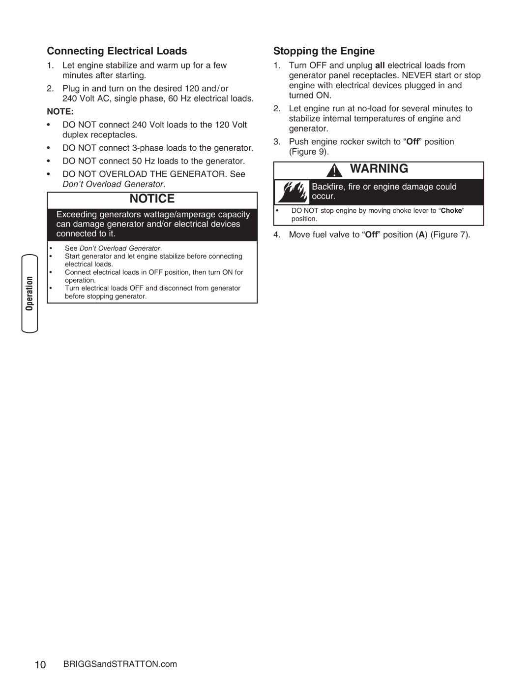 Briggs & Stratton 30235 operating instructions Connecting Electrical Loads, Stopping the Engine 