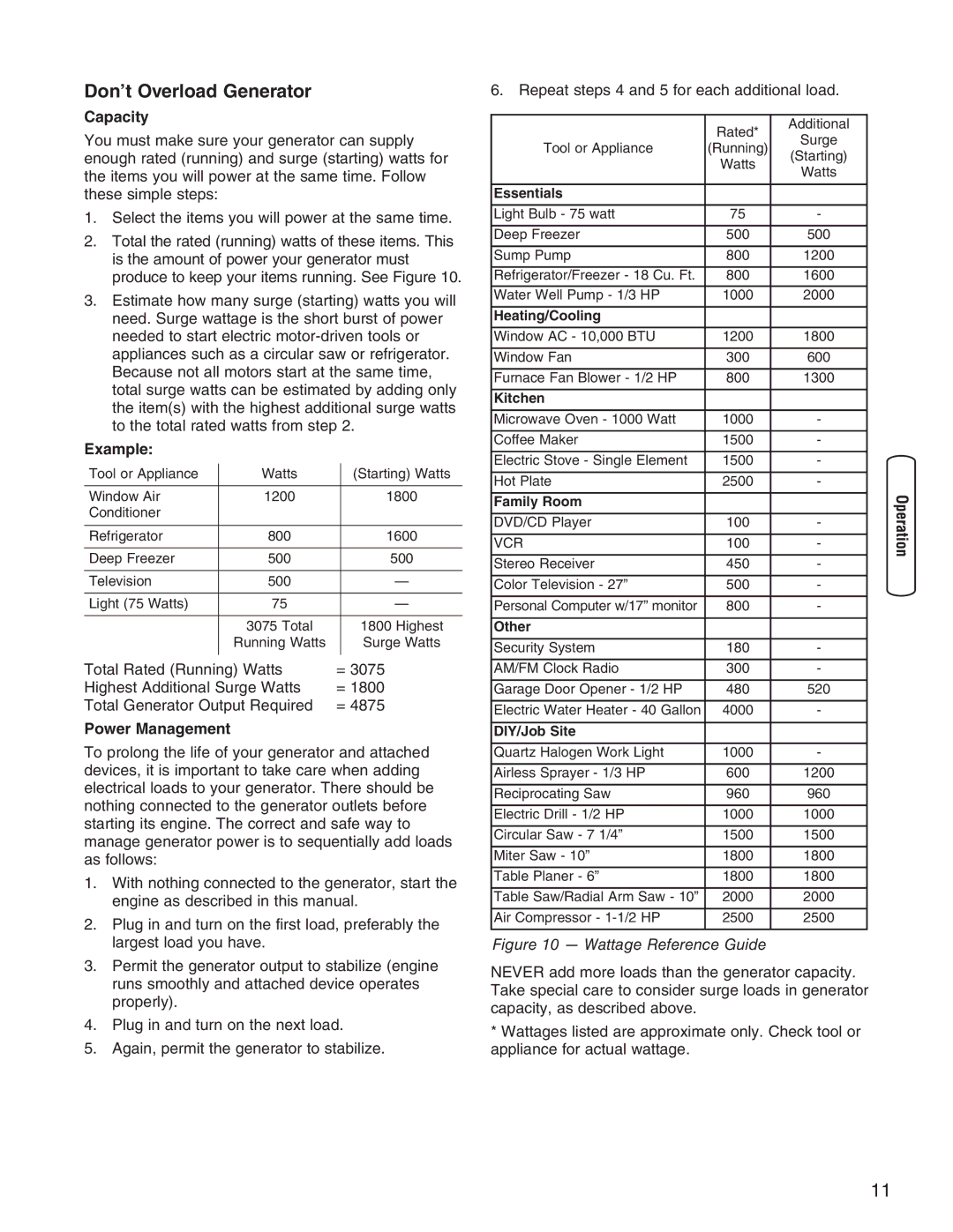 Briggs & Stratton 30235 operating instructions Don’t Overload Generator, Capacity, Example, Power Management 