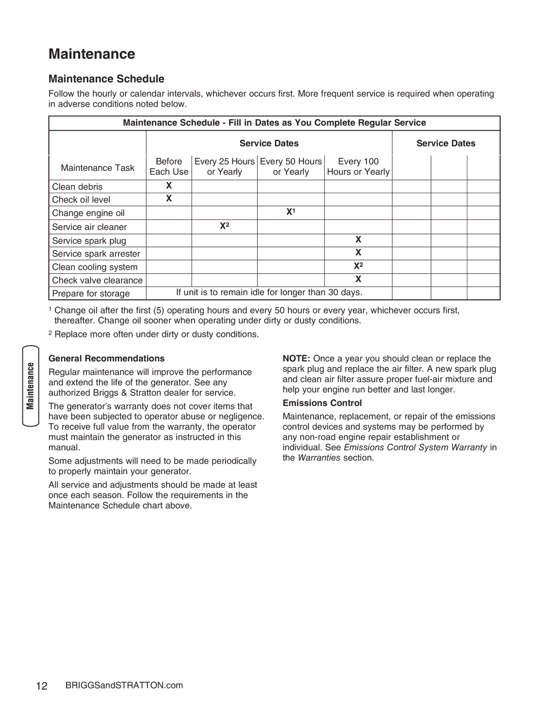 Briggs & Stratton 30235 operating instructions Maintenance Schedule, General Recommendations, Emissions Control 