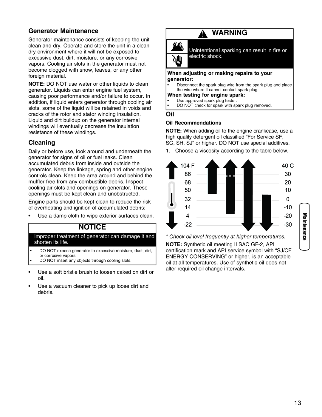 Briggs & Stratton 30235 operating instructions Generator Maintenance, Cleaning, Oil Recommendations 