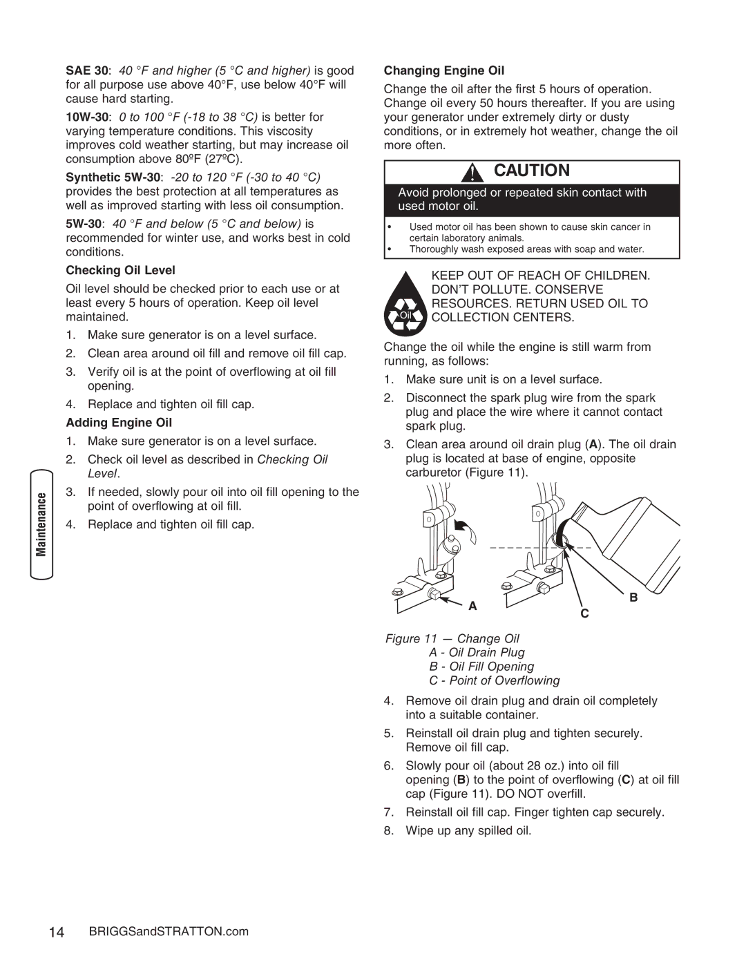 Briggs & Stratton 30235 operating instructions Checking Oil Level, Adding Engine Oil, Changing Engine Oil 