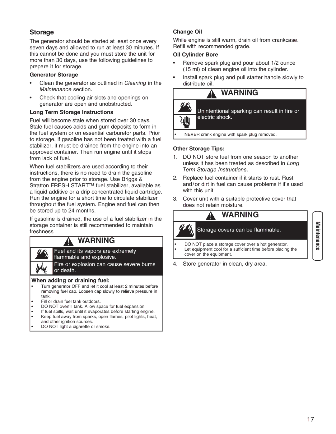 Briggs & Stratton 30235 operating instructions Storage 