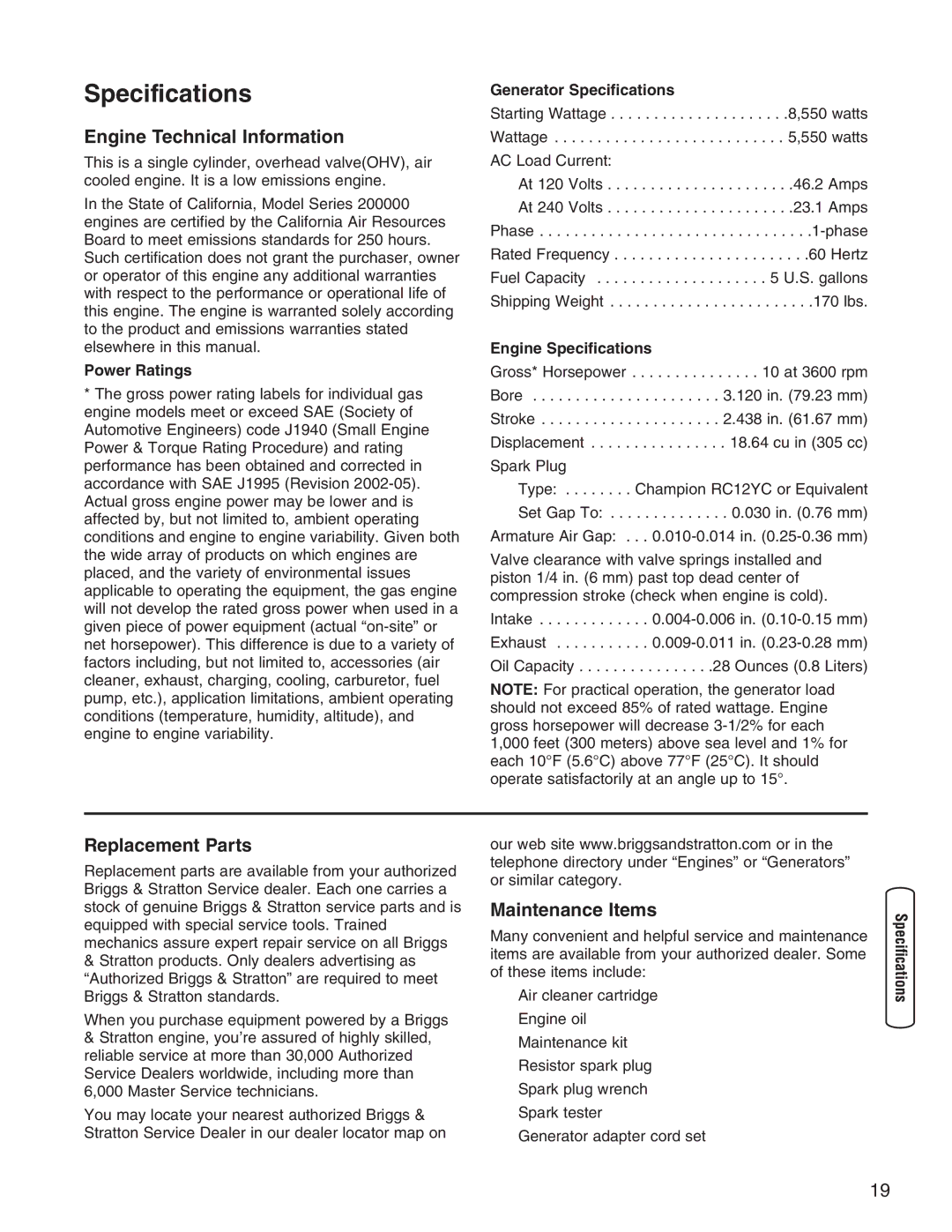 Briggs & Stratton 30235 Specifications, Engine Technical Information, Replacement Parts, Maintenance Items 