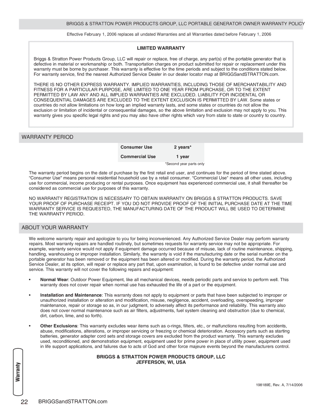 Briggs & Stratton 30235 operating instructions Warranty Period 