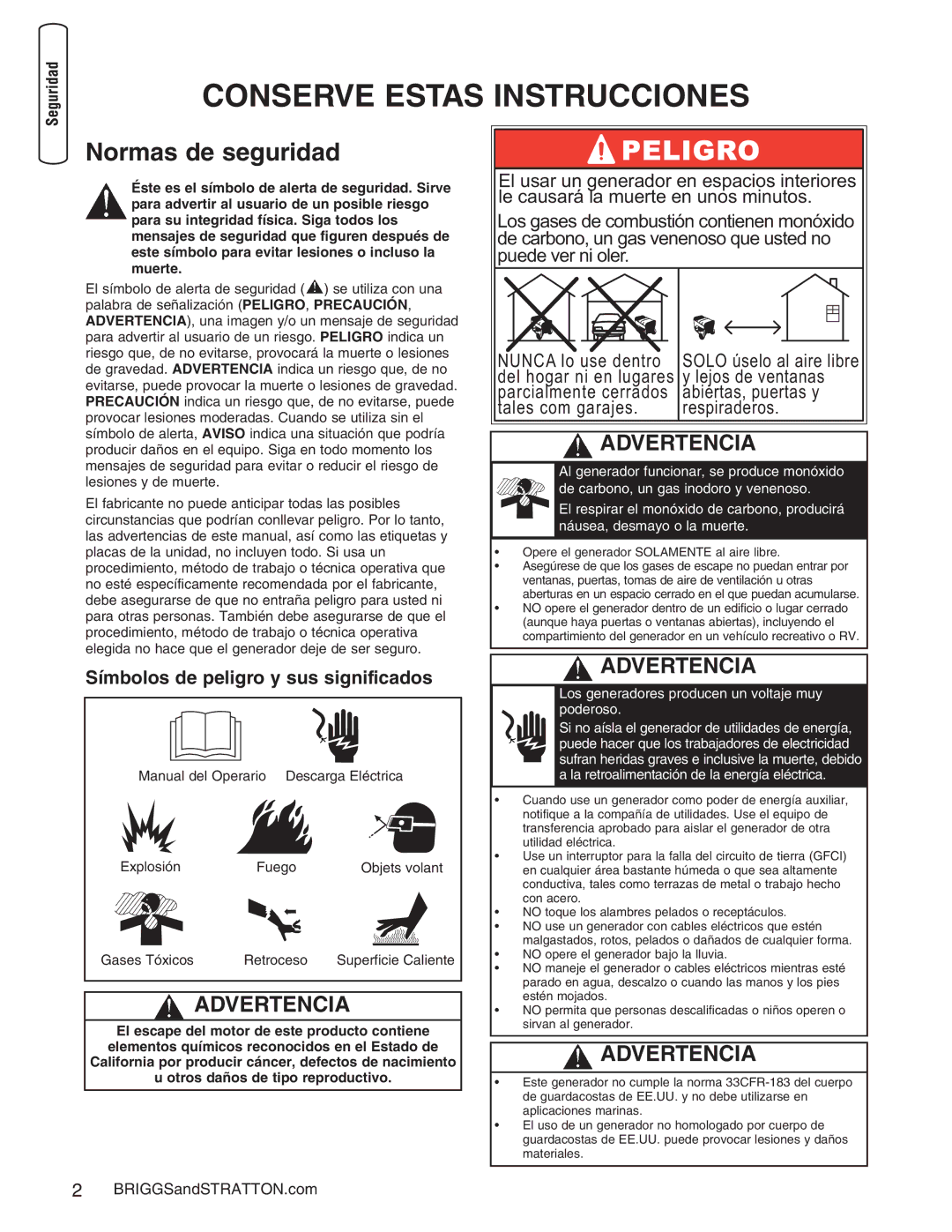 Briggs & Stratton 30235 operating instructions Normas de seguridad, Símbolos de peligro y sus significados 