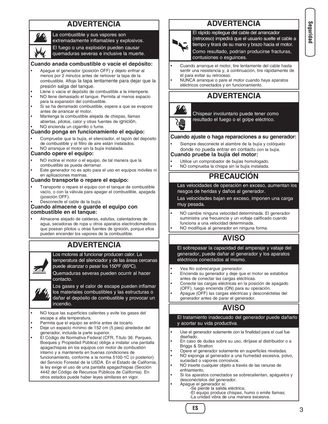 Briggs & Stratton 30235 Cuando anada combustible o vacíe el depósito, Cuando ponga en funcionamiento el equipo 