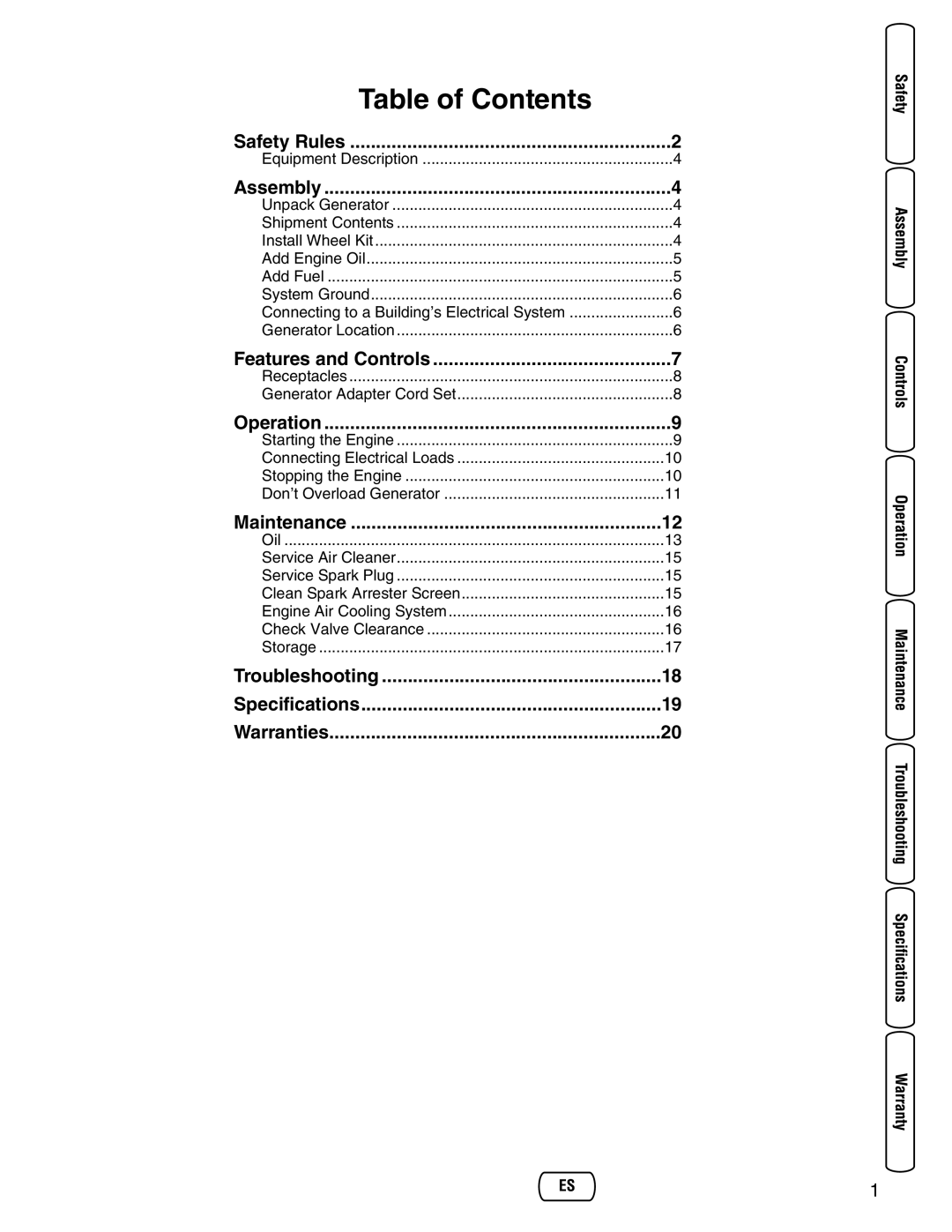 Briggs & Stratton 30235 operating instructions Table of Contents 