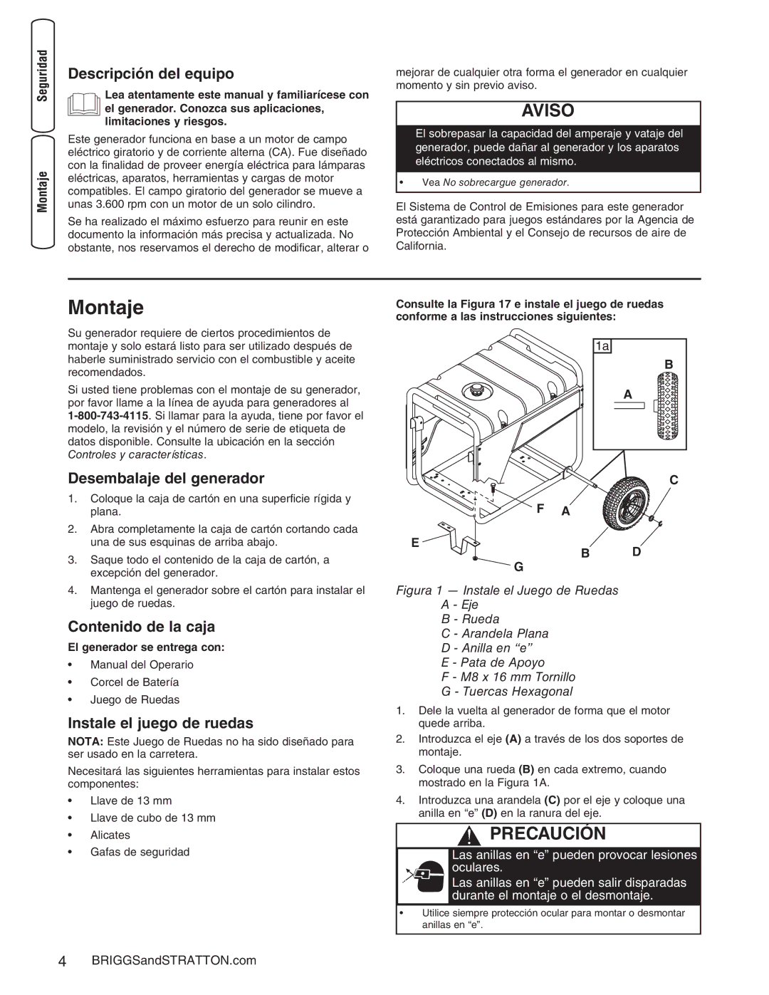 Briggs & Stratton 30235 Montaje, Descripción del equipo, Desembalaje del generador, Contenido de la caja 