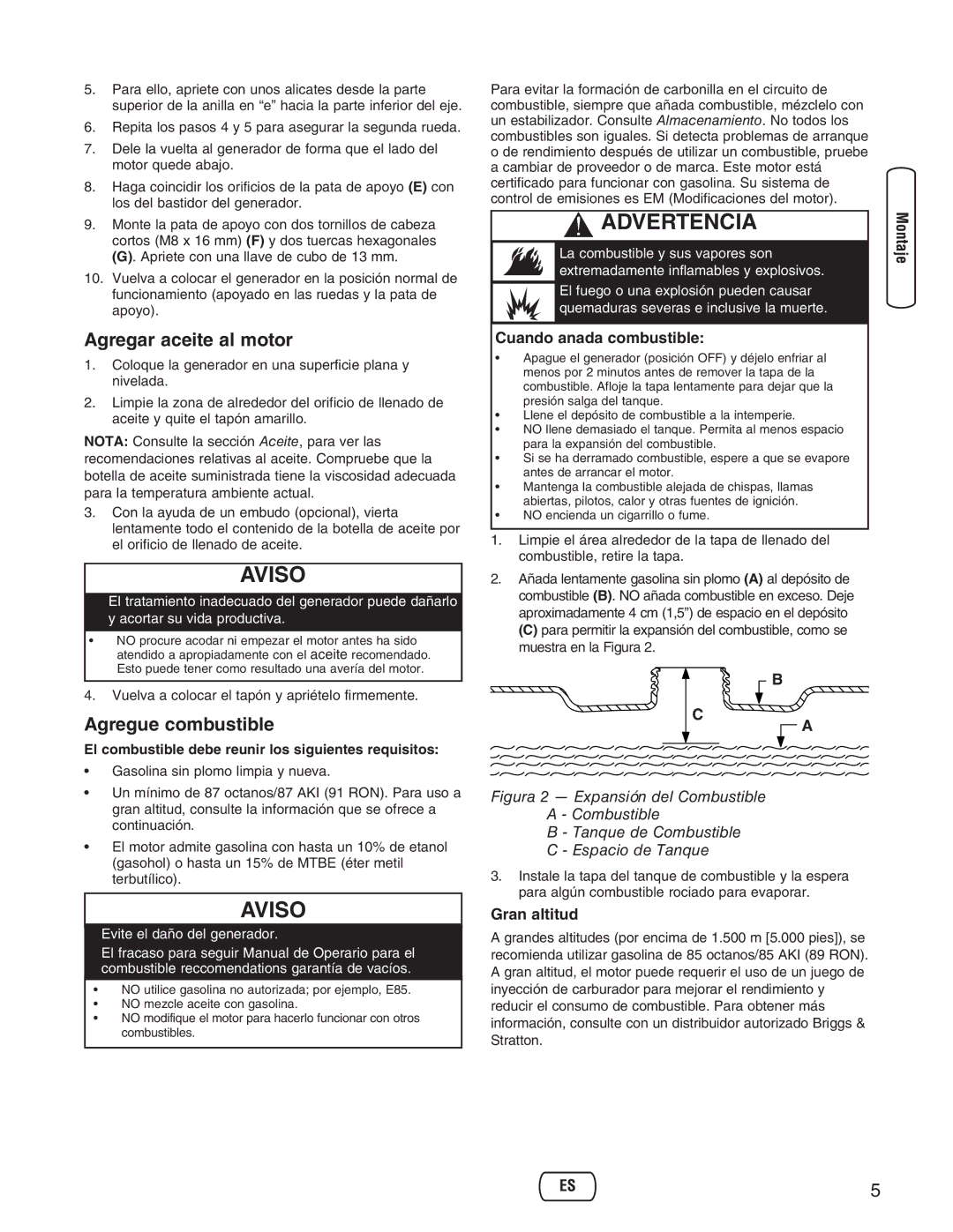 Briggs & Stratton 30235 Agregar aceite al motor, Agregue combustible, Cuando anada combustible, Gran altitud 