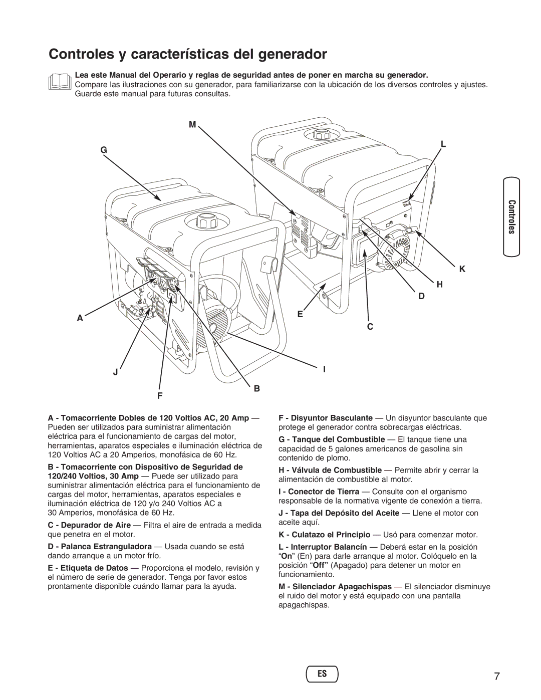 Briggs & Stratton 30235 operating instructions Controles y características del generador 