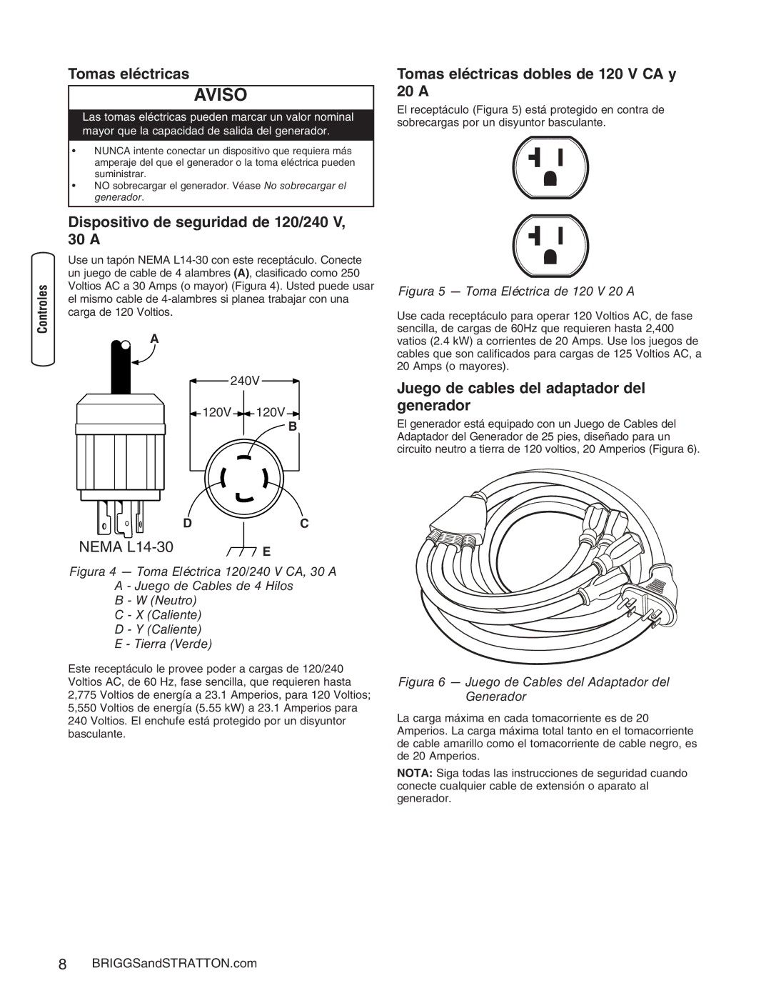 Briggs & Stratton 30235 Tomas eléctricas dobles de 120 V CA y 20 a, Dispositivo de seguridad de 120/240 V, 30 a 