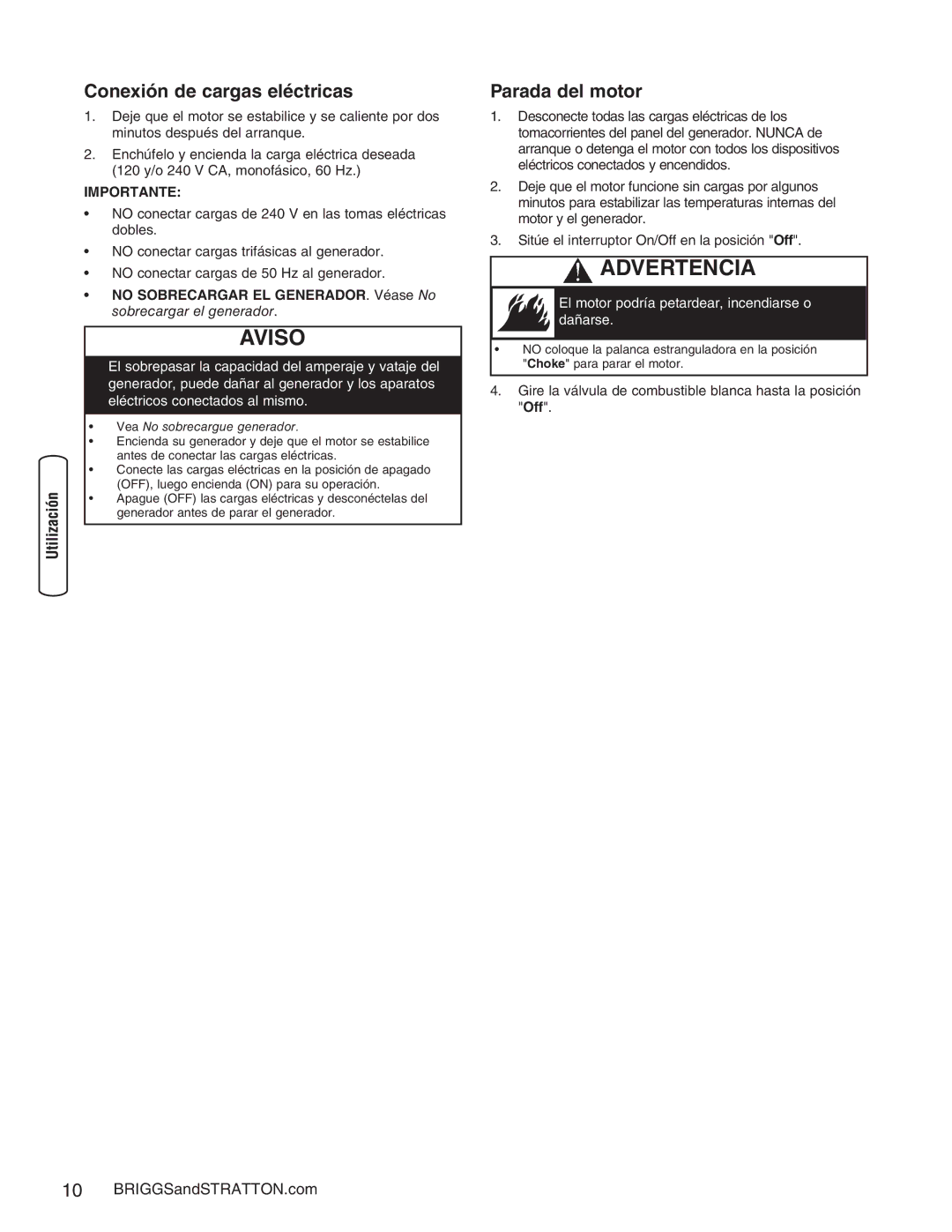 Briggs & Stratton 30235 operating instructions Conexión de cargas eléctricas, Parada del motor 