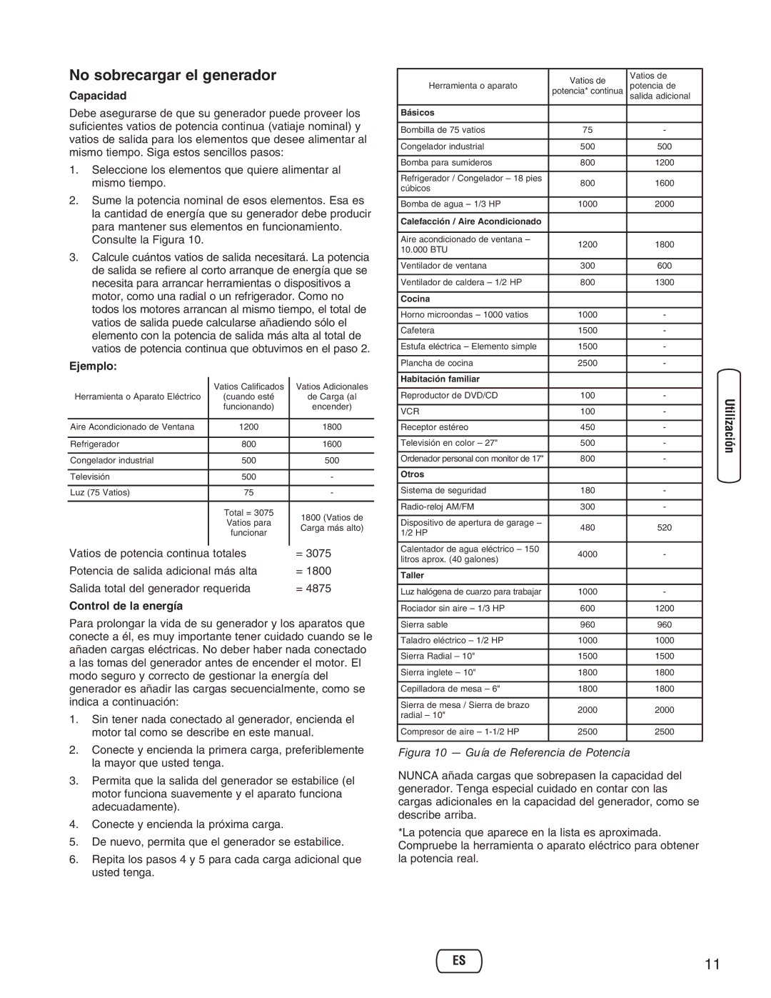 Briggs & Stratton 30235 operating instructions No sobrecargar el generador, Capacidad, Ejemplo, Control de la energía 