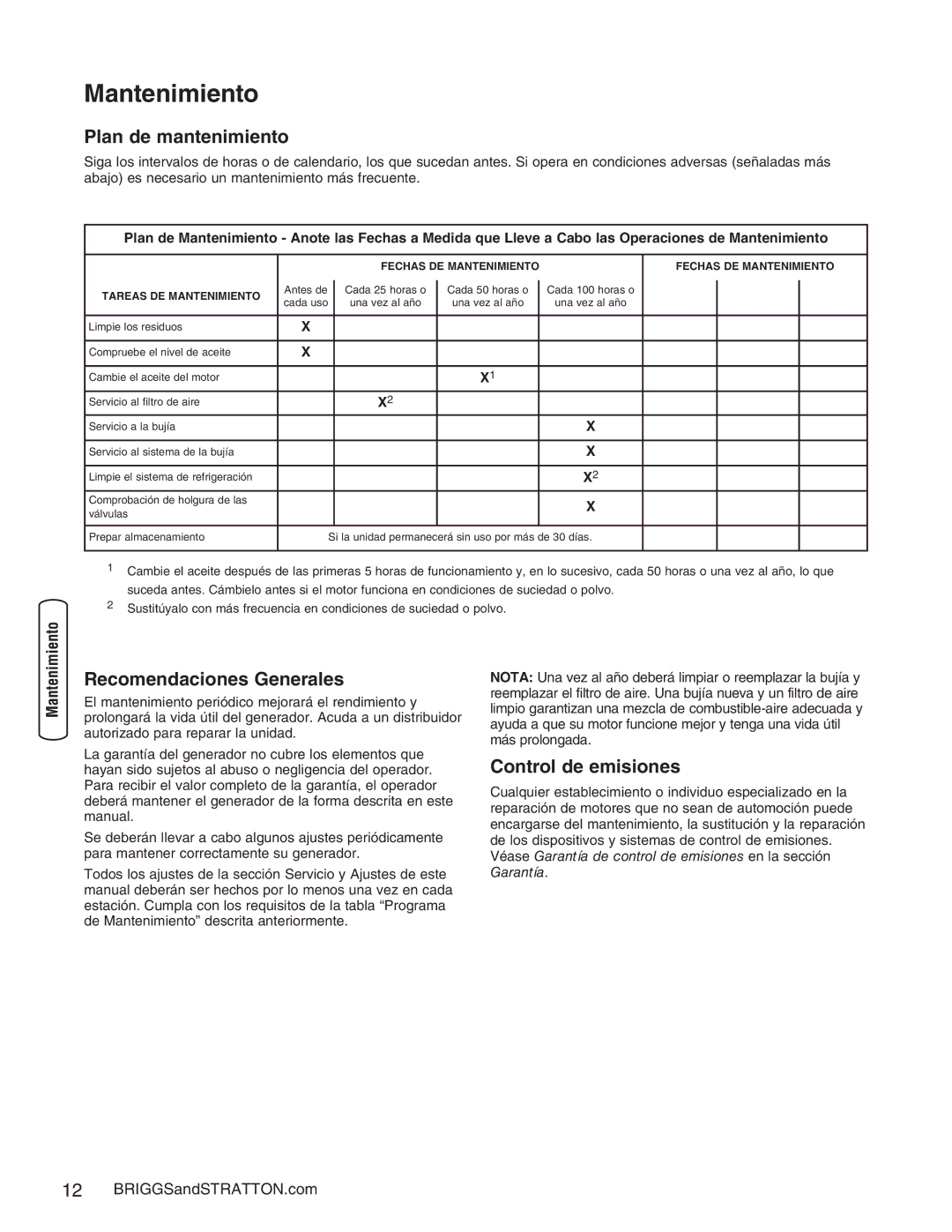 Briggs & Stratton 30235 Mantenimiento, Plan de mantenimiento, Recomendaciones Generales, Control de emisiones 