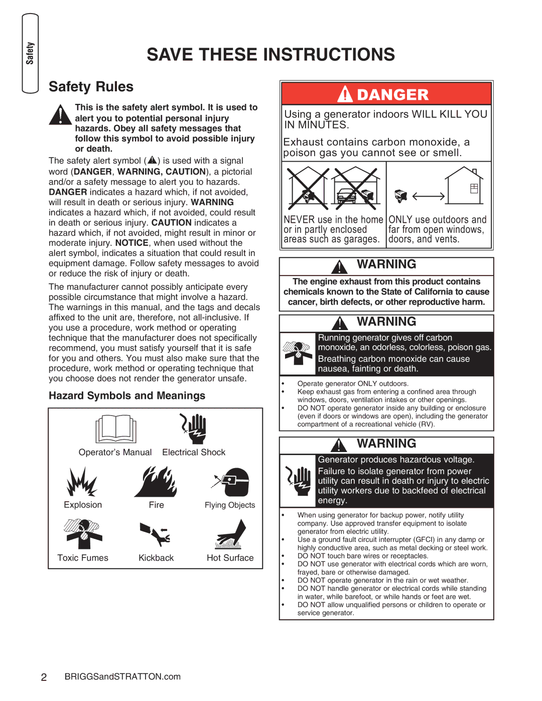 Briggs & Stratton 30235 operating instructions Safety Rules, Hazard Symbols and Meanings 