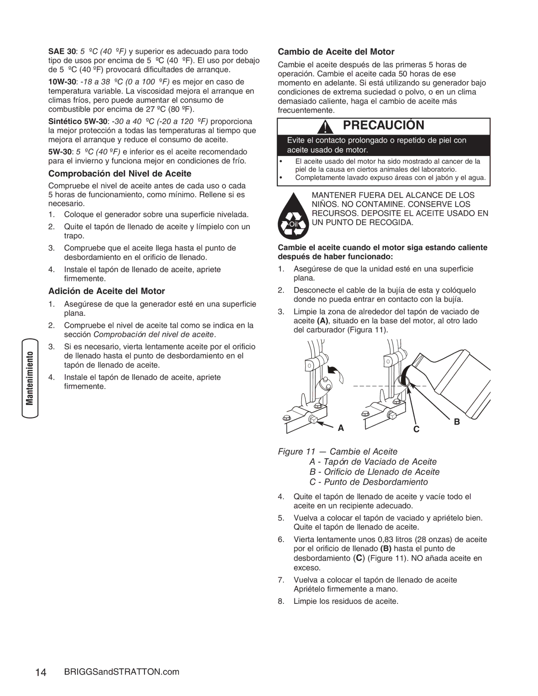 Briggs & Stratton 30235 Comprobación del Nivel de Aceite, Adición de Aceite del Motor, Cambio de Aceite del Motor 