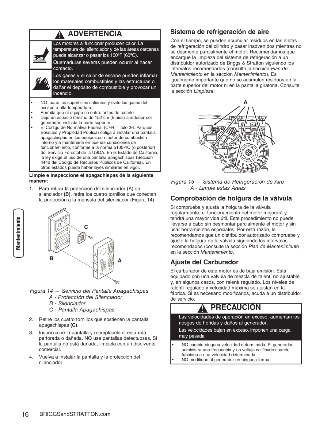 Briggs & Stratton 30235 Sistema de refrigeración de aire, Comprobación de holgura de la válvula, Ajuste del Carburador 