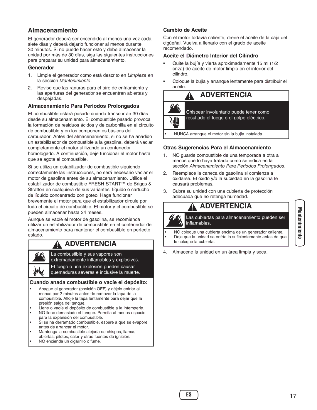 Briggs & Stratton 30235 operating instructions Almacenamiento 