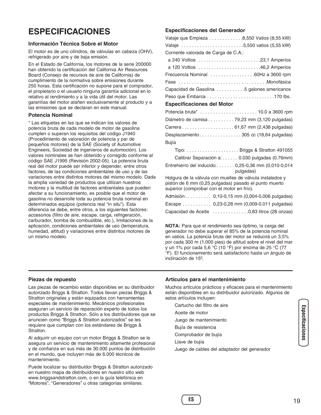 Briggs & Stratton 30235 Información Técnica Sobre el Motor, Potencia Nominal, Especificaciones del Generador 