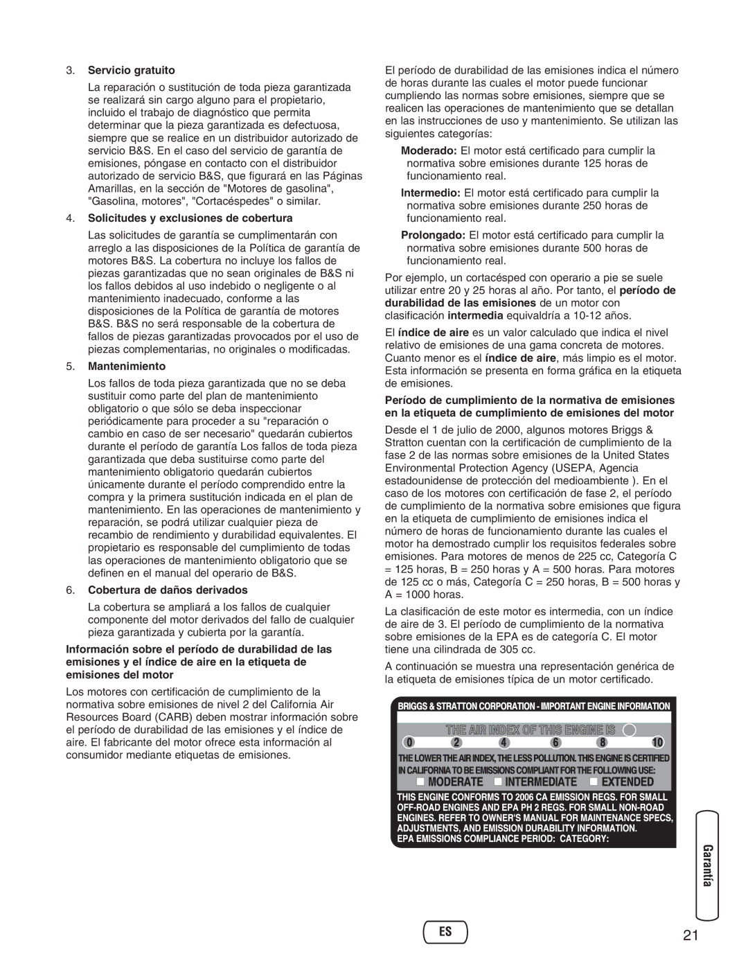 Briggs & Stratton 30235 operating instructions Servicio gratuito, Solicitudes y exclusiones de cobertura, Mantenimiento 