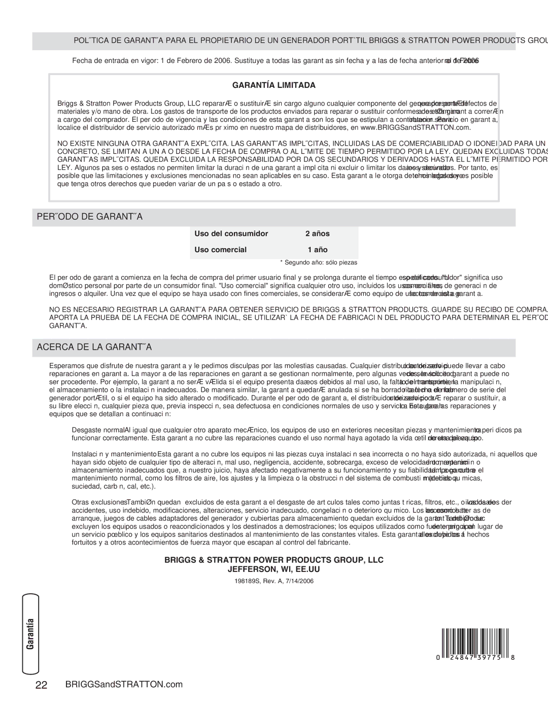 Briggs & Stratton 30235 operating instructions Período DE Garantía 