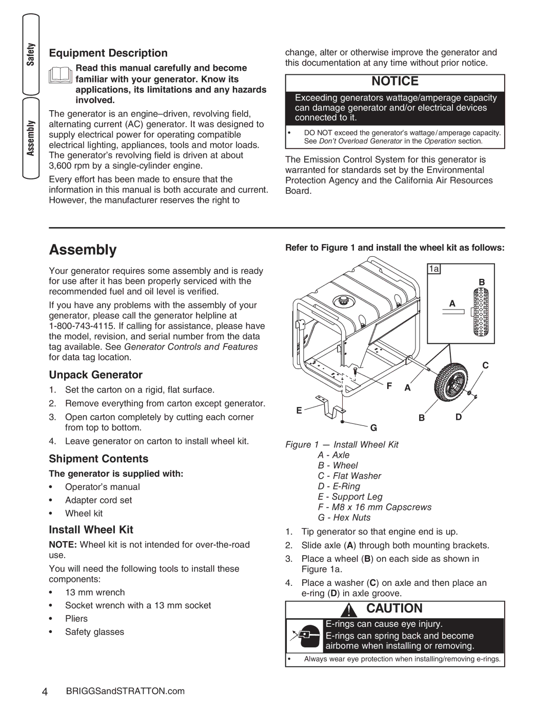 Briggs & Stratton 30235 Assembly, Equipment Description, Unpack Generator, Shipment Contents, Install Wheel Kit 