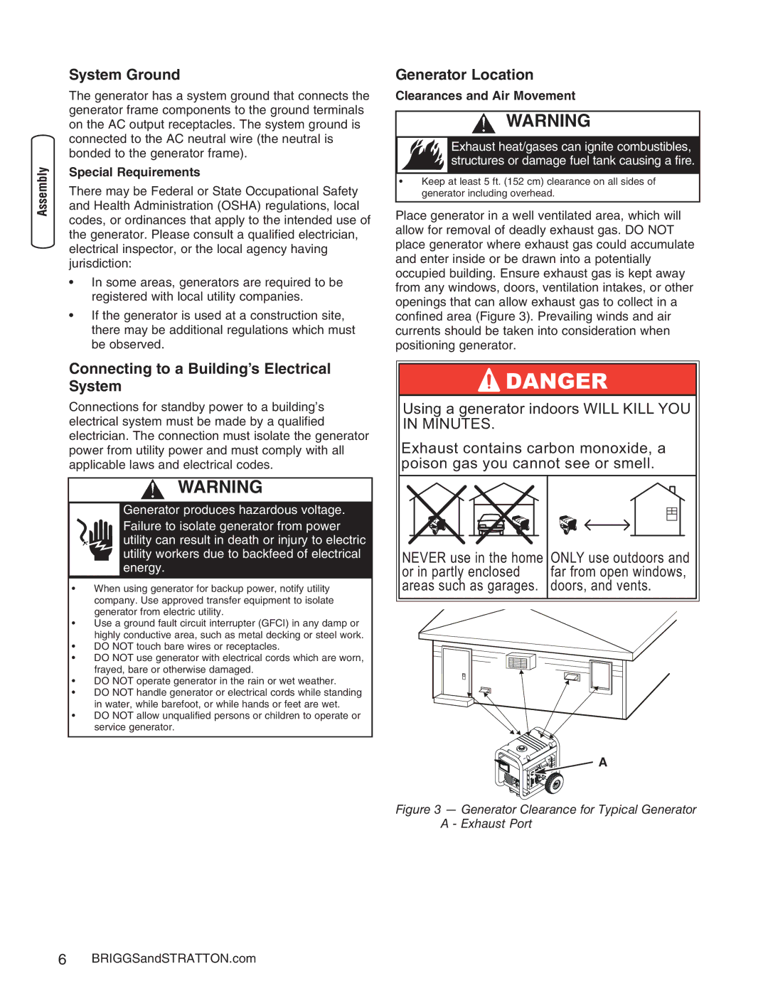 Briggs & Stratton 30235 System Ground, Connecting to a Building’s Electrical System, Generator Location 