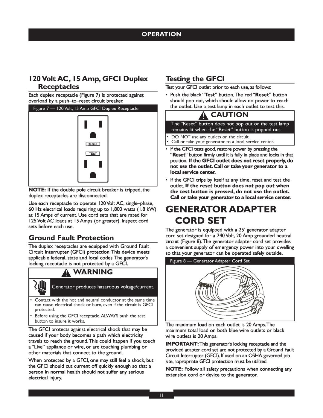 Briggs & Stratton 30236 Generator Adapter Cord Set, Volt AC, 15 Amp, GFCI Duplex Receptacles, Ground Fault Protection 