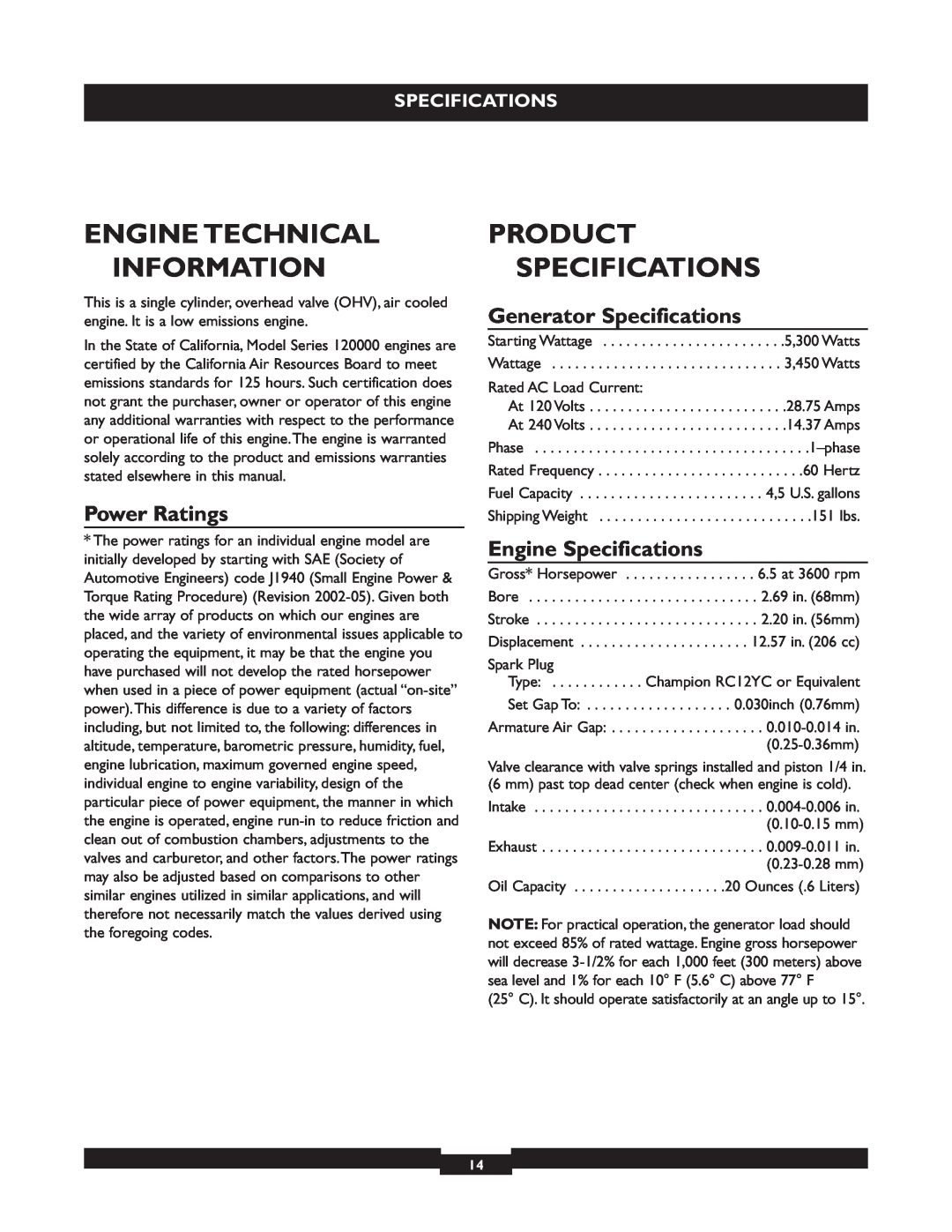 Briggs & Stratton 30236 Engine Technical Information, Product Specifications, Power Ratings, Generator Specifications 