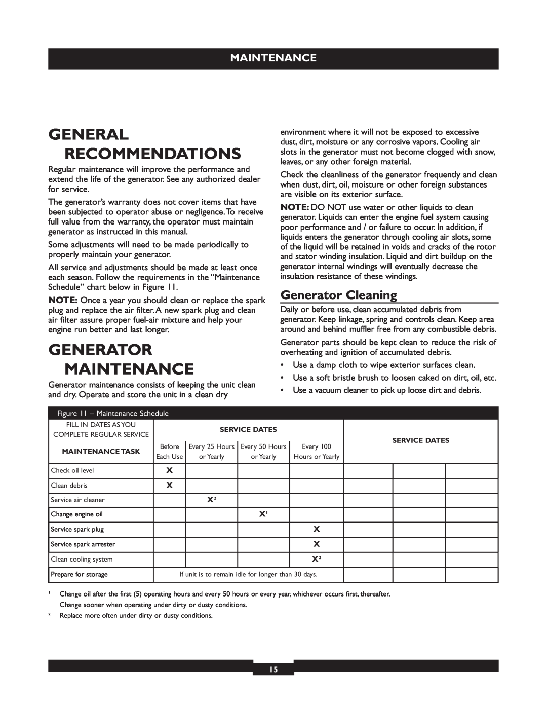 Briggs & Stratton 30236 manuel dutilisation General Recommendations, Generator Maintenance, Generator Cleaning 