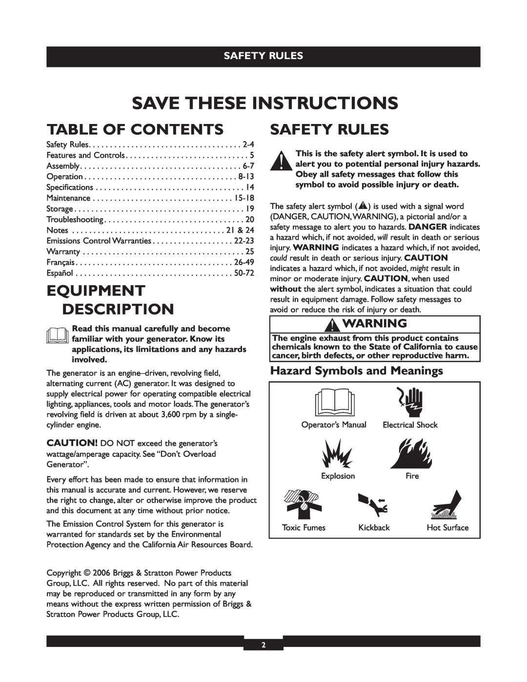 Briggs & Stratton 30236 Table Of Contents, Equipment Description, Safety Rules, Hazard Symbols and Meanings 