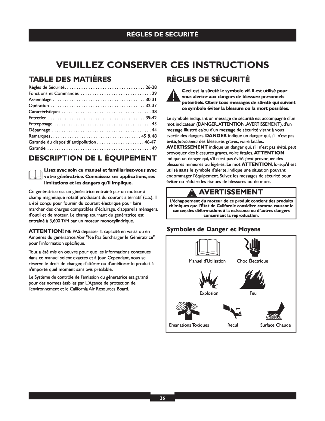 Briggs & Stratton 30236 Veuillez Conserver Ces Instructions, Table Des Matières, Description De L Équipement 