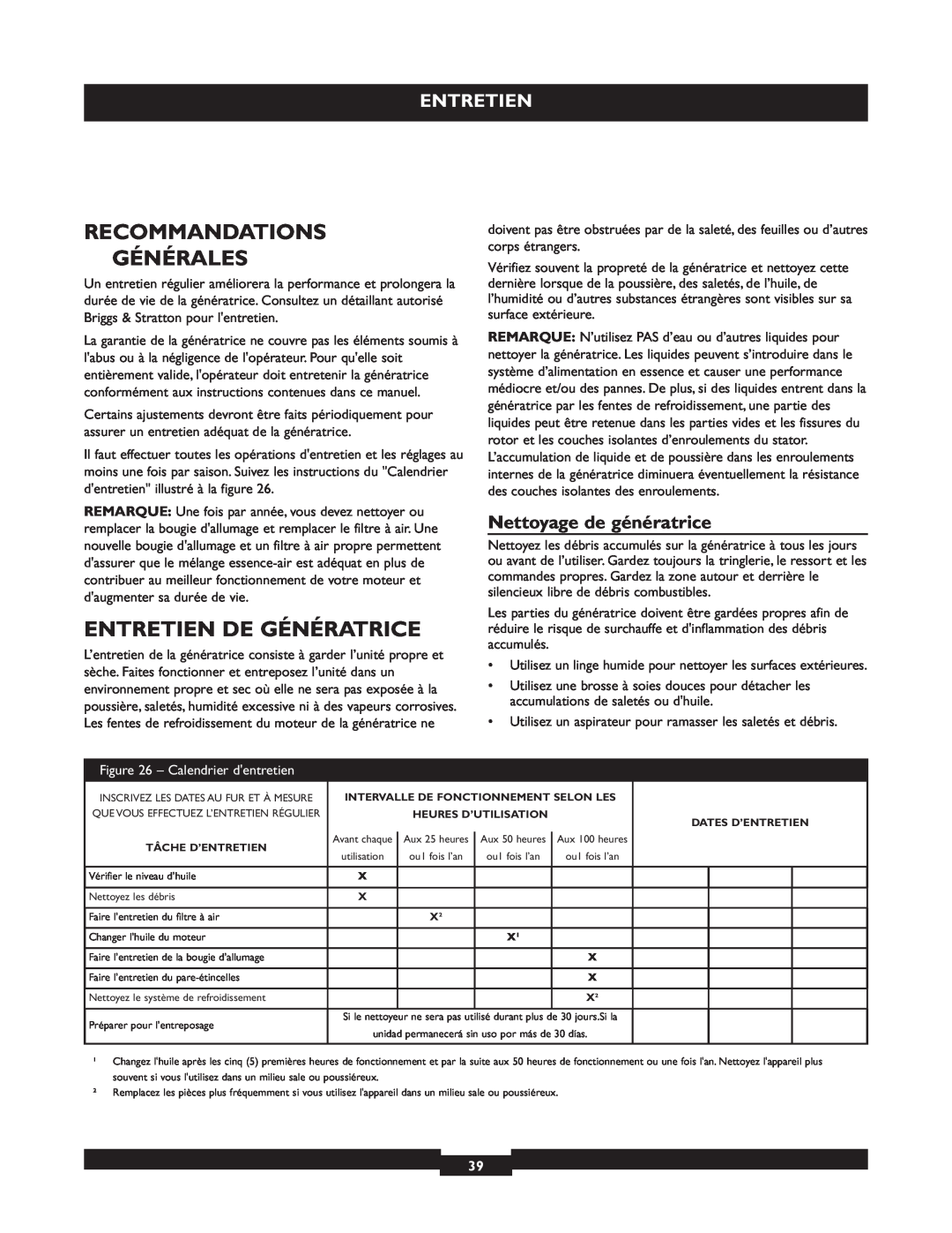 Briggs & Stratton 30236 manuel dutilisation Recommandations Générales, Entretien De Génératrice, Nettoyage de génératrice 
