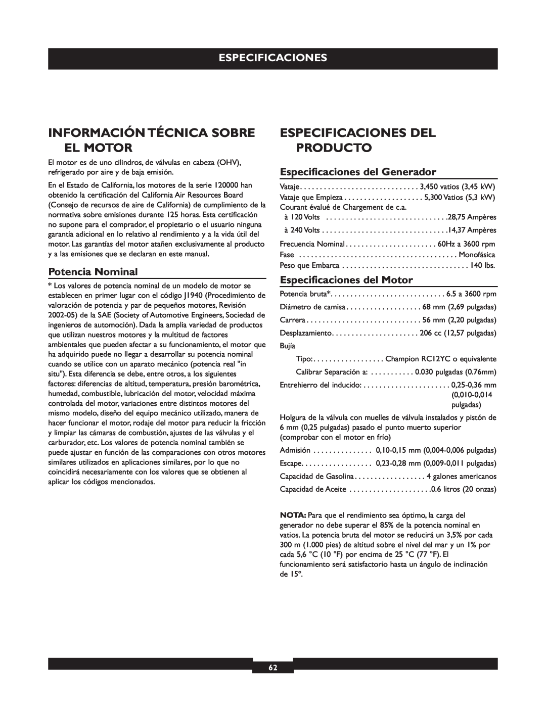 Briggs & Stratton 30236 Información Técnica Sobre El Motor, Especificaciones Del Producto, Potencia Nominal 