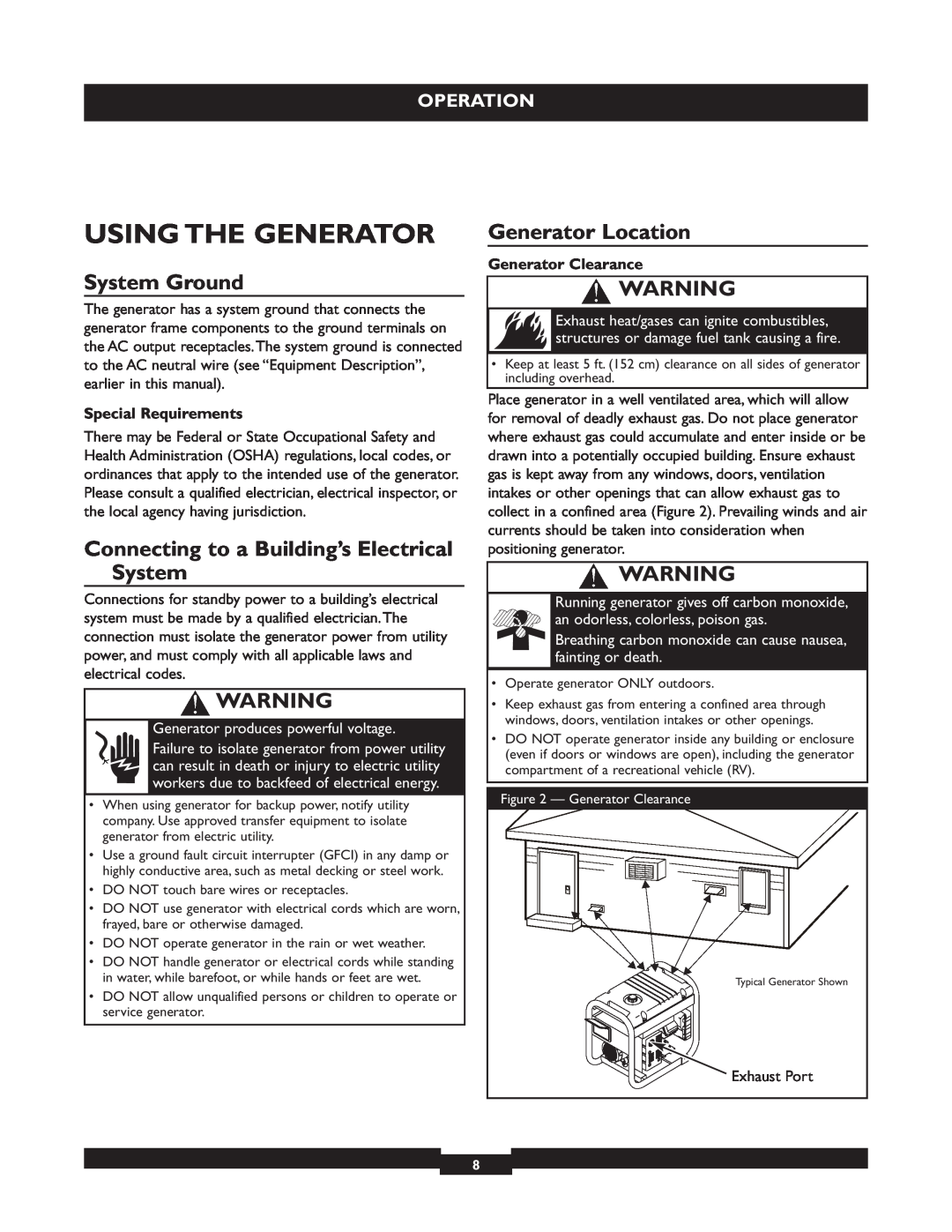 Briggs & Stratton 30236 Using The Generator, System Ground, Connecting to a Building’s Electrical System, Operation 