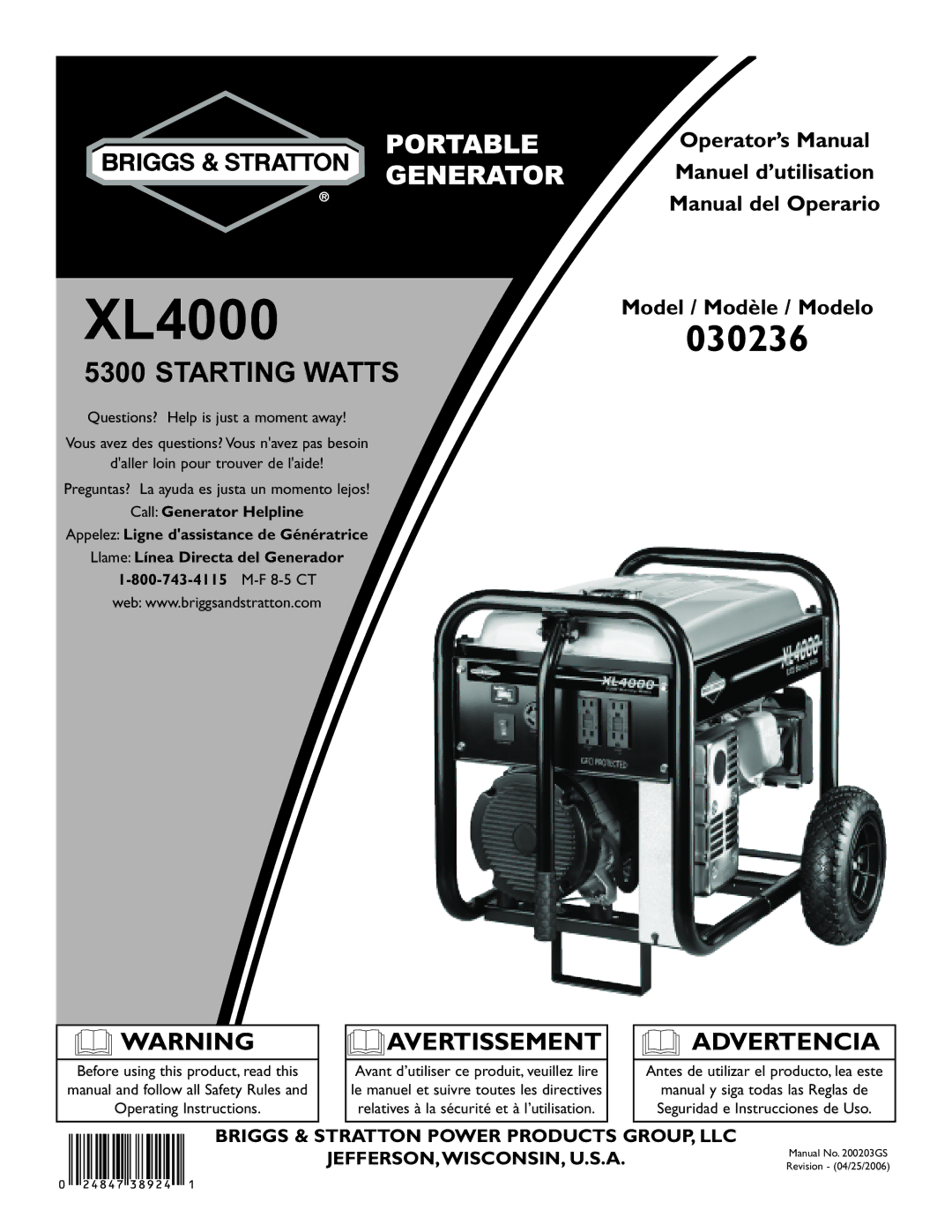 Briggs & Stratton 30236 manuel dutilisation Starting Watts, Model / Modèle / Modelo 