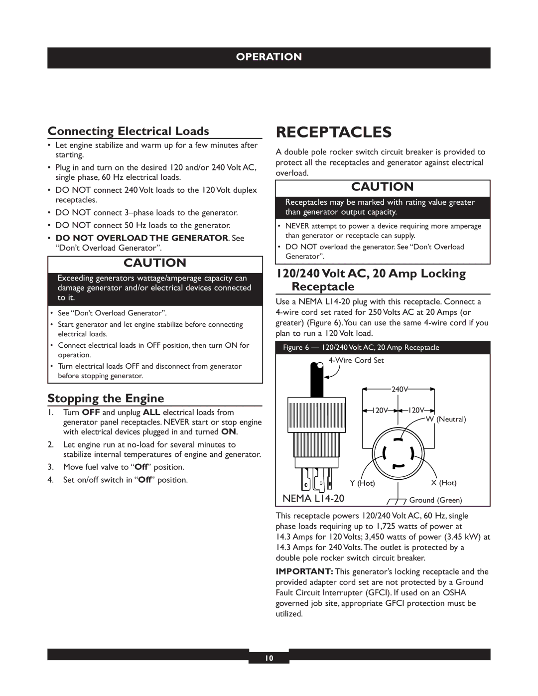 Briggs & Stratton 30236 manuel dutilisation Receptacles, Connecting Electrical Loads, Stopping the Engine 