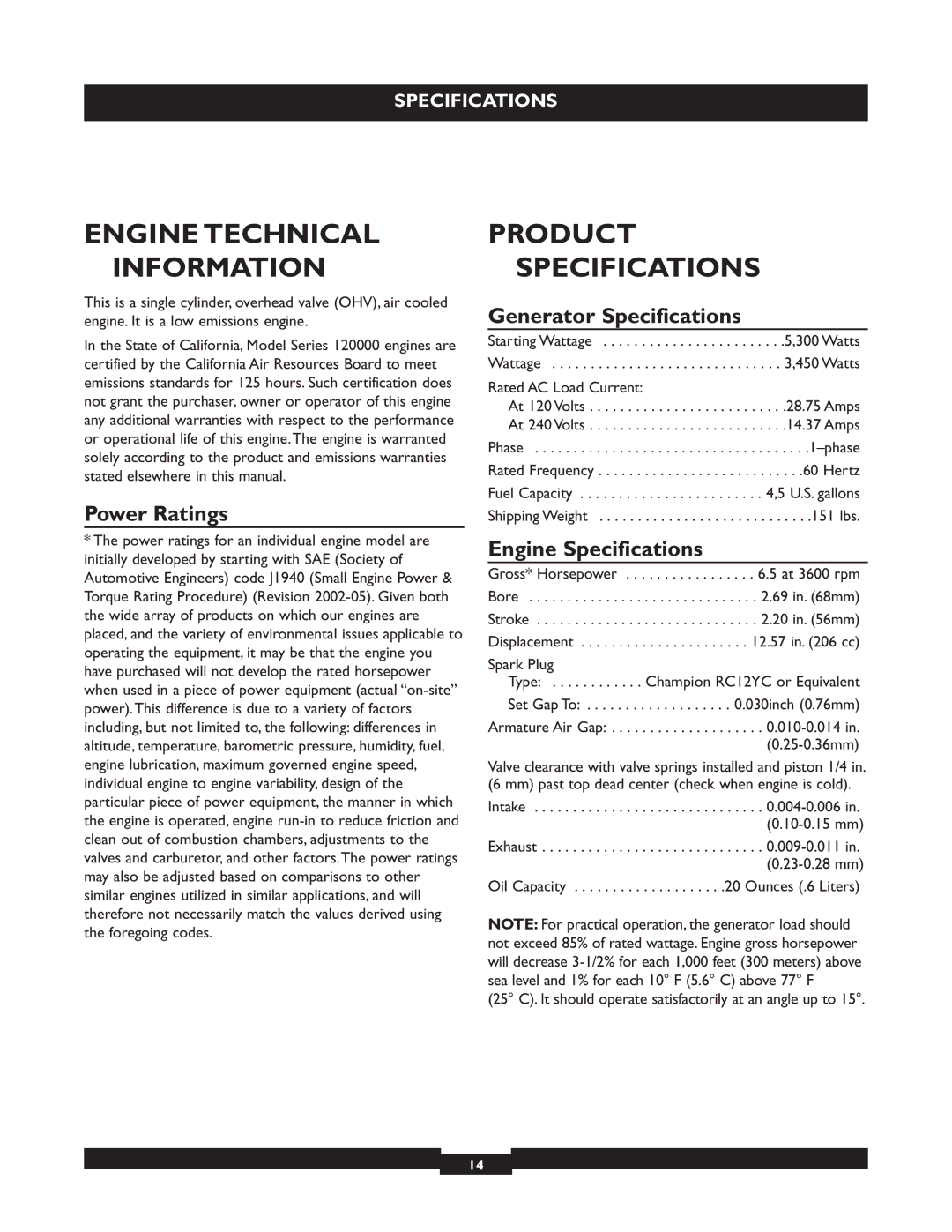 Briggs & Stratton 30236 Engine Technical Information, Product Specifications, Power Ratings, Generator Specifications 