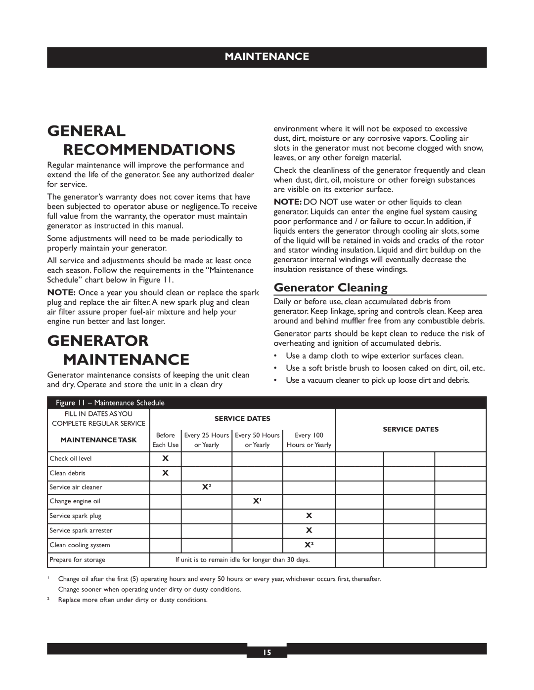 Briggs & Stratton 30236 manuel dutilisation General Recommendations, Generator Maintenance, Generator Cleaning 