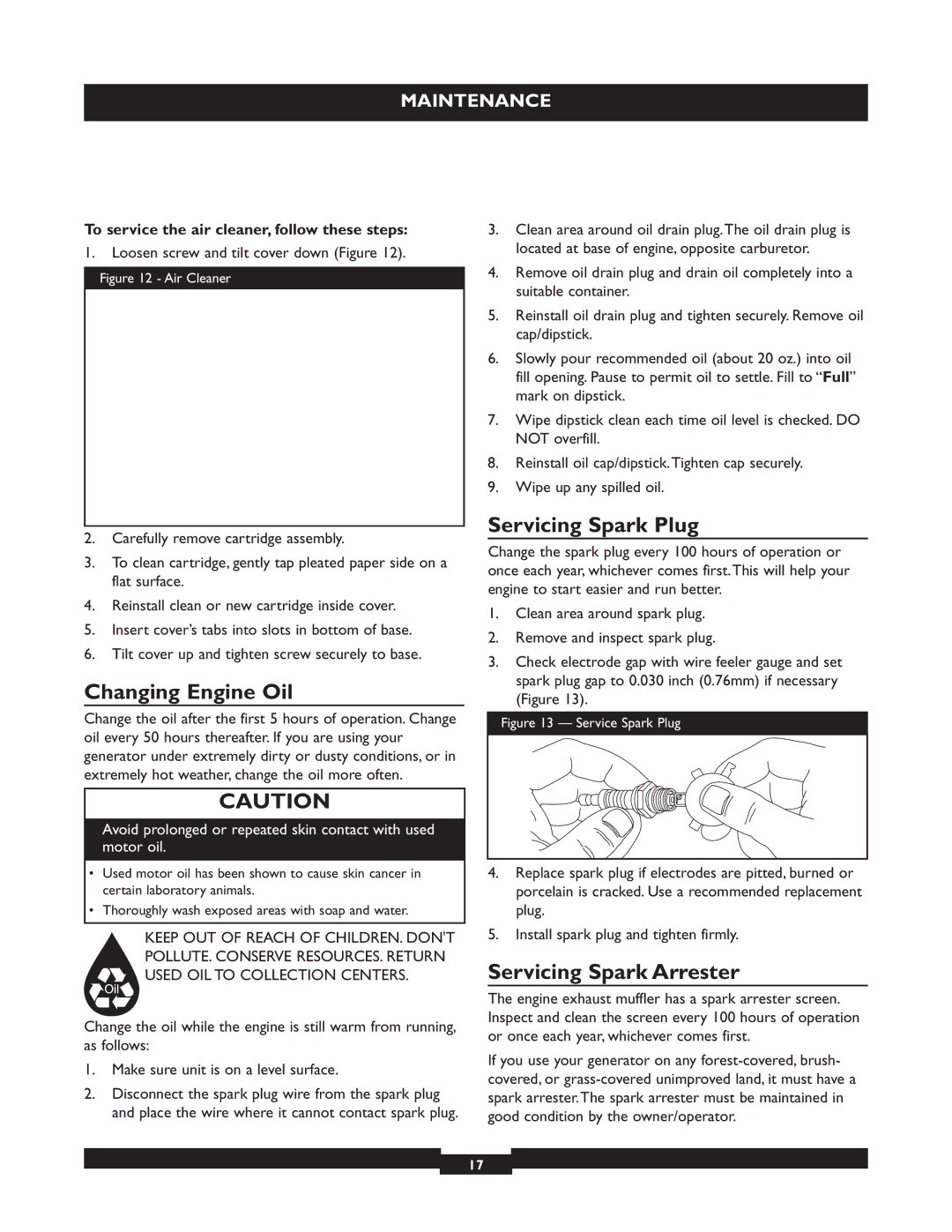 Briggs & Stratton 30236 manuel dutilisation Changing Engine Oil, Servicing Spark Plug, Servicing Spark Arrester 
