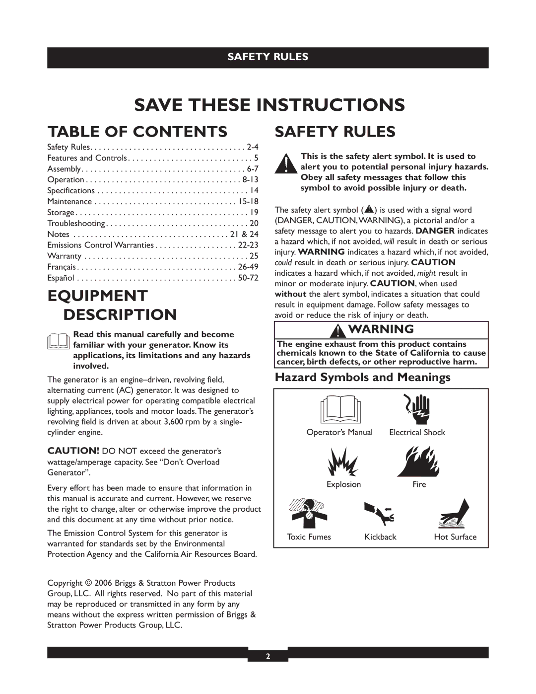 Briggs & Stratton 30236 manuel dutilisation Table of Contents, Equipment Description, Safety Rules 