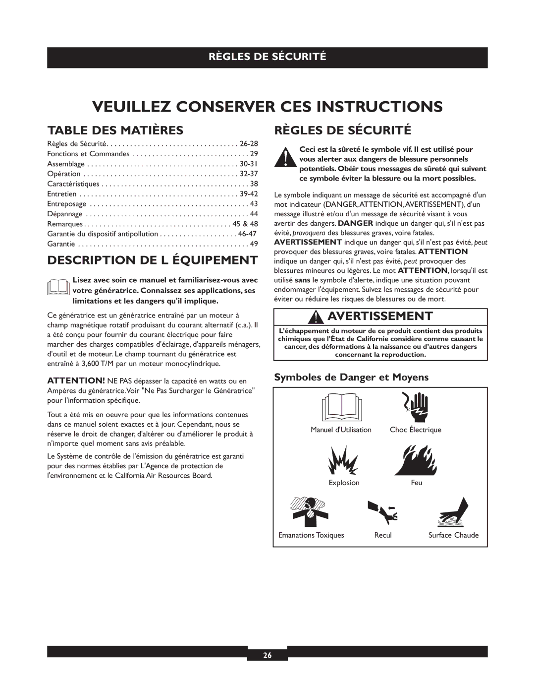 Briggs & Stratton 30236 Veuillez Conserver CES Instructions, Table DES Matières, Description DE L Équipement 