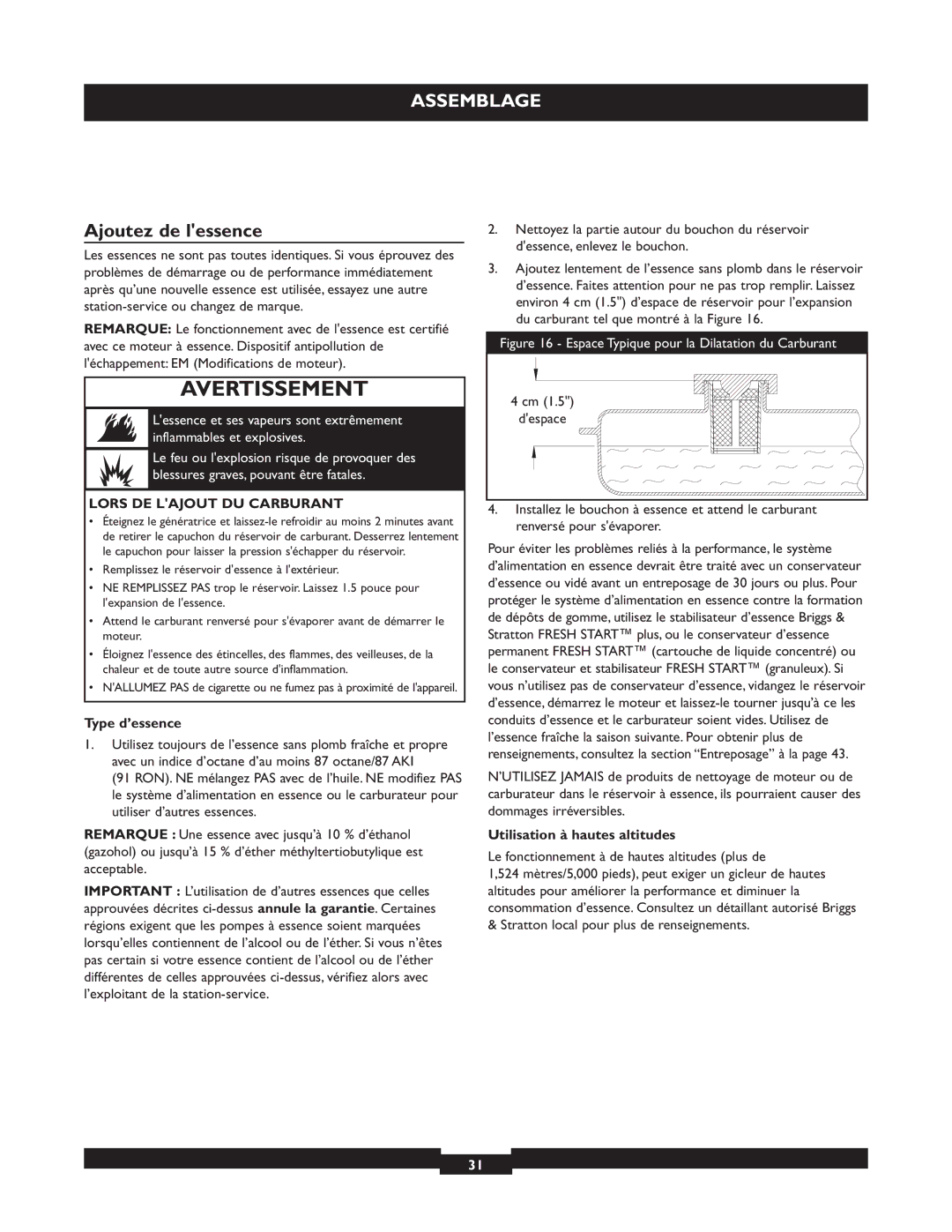 Briggs & Stratton 30236 Ajoutez de lessence, Lors DE Lajout DU Carburant, Type d’essence, Utilisation à hautes altitudes 