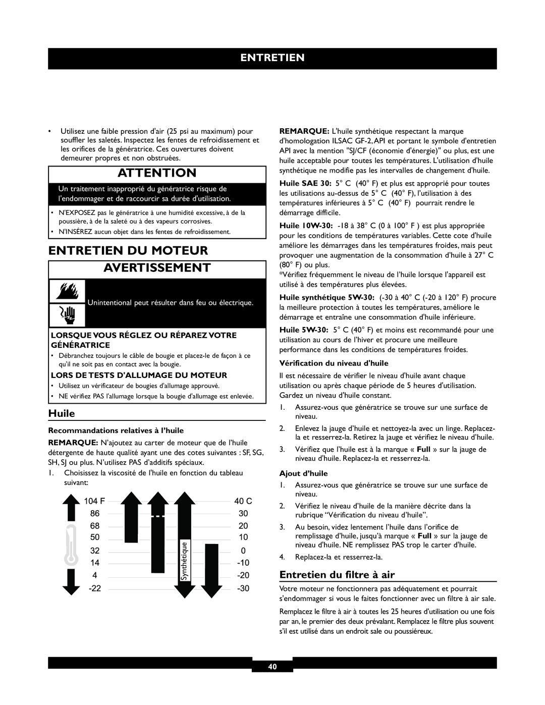 Briggs & Stratton 30236 manuel dutilisation Entretien DU Moteur Avertissement, Huile, Entretien du filtre à air 