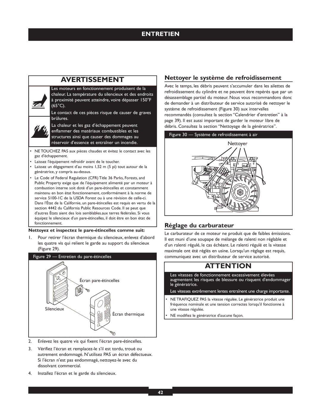 Briggs & Stratton 30236 Nettoyer le système de refroidissement, Réglage du carburateur, Écran p are-étincelles, Silencieu 