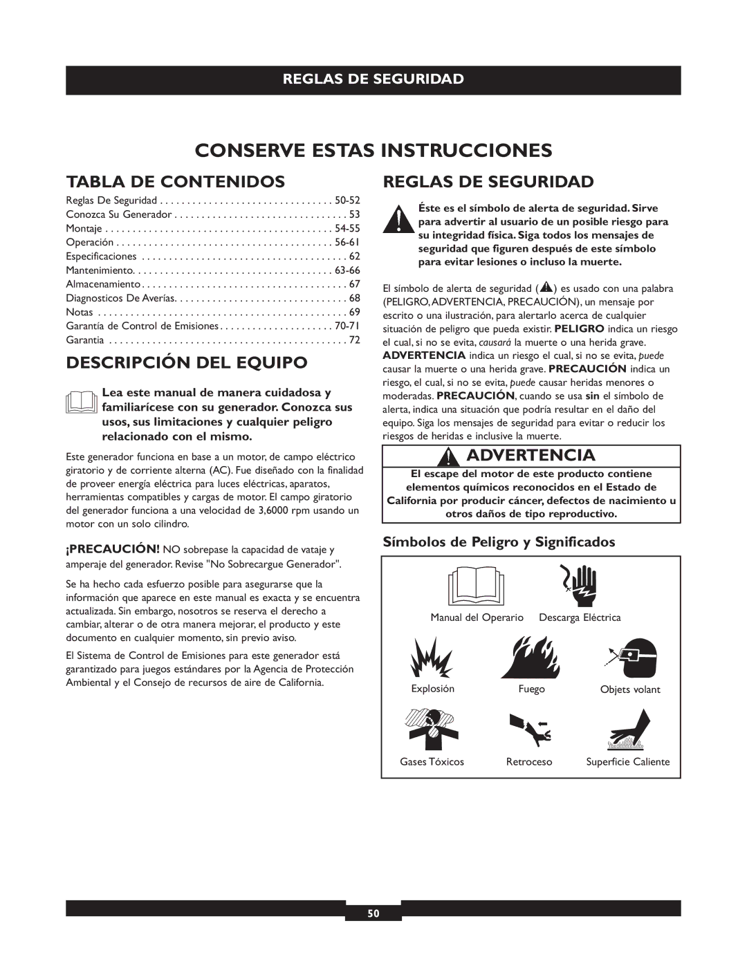 Briggs & Stratton 30236 manuel dutilisation Tabla DE Contenidos, Descripción DEL Equipo, Reglas DE Seguridad, Advertencia 