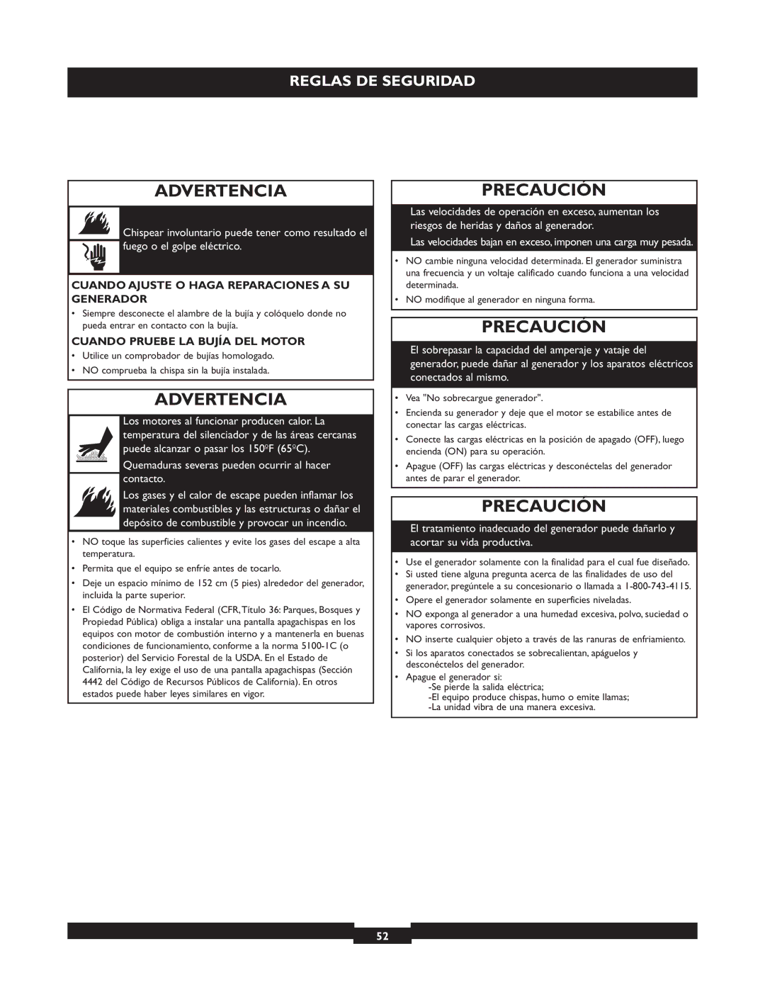 Briggs & Stratton 30236 Precaución, Cuando Ajuste O Haga Reparaciones a SU Generador, Cuando Pruebe LA Bujía DEL Motor 