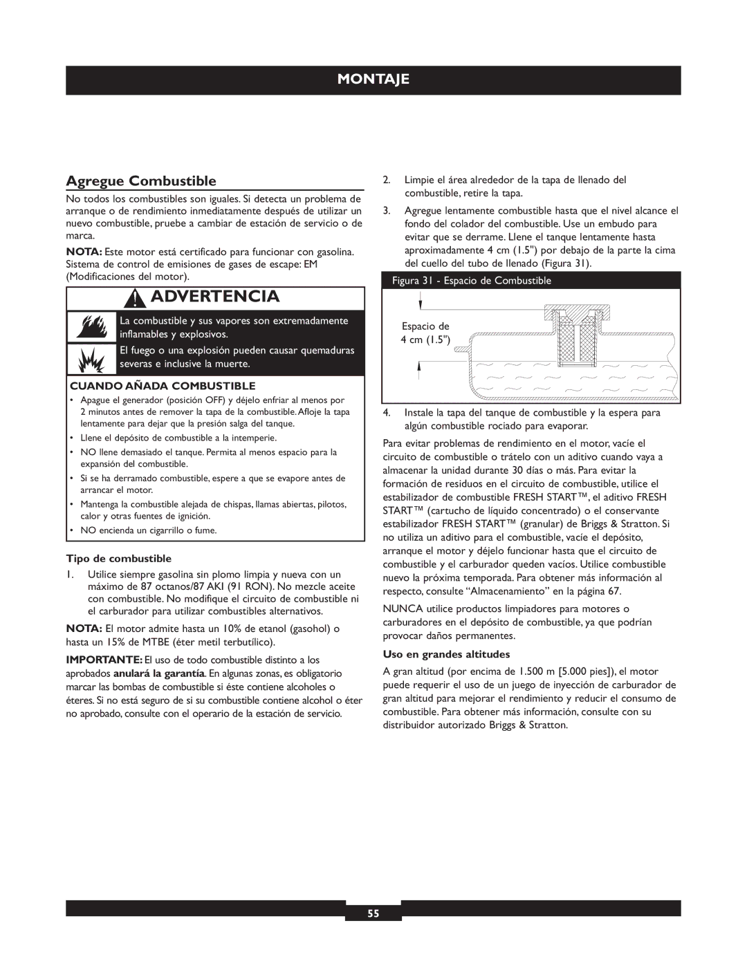 Briggs & Stratton 30236 Agregue Combustible, Cuando Añada Combustible, Tipo de combustible, Uso en grandes altitudes 