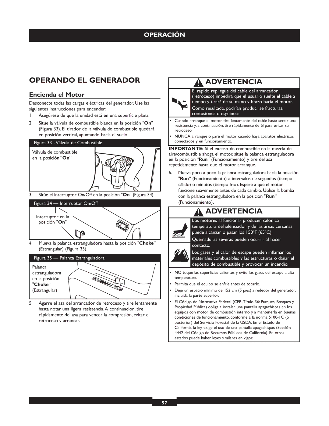 Briggs & Stratton 30236 manuel dutilisation Operando EL Generador, Encienda el Motor 