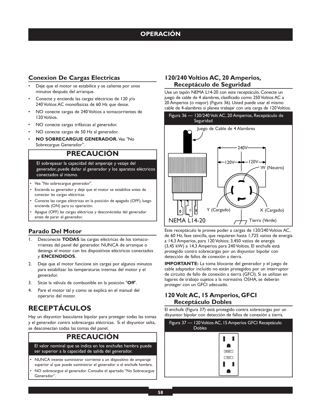 Briggs & Stratton 30236 manuel dutilisation Receptáculos, Conexion De Cargas Electricas, Parado Del Motor 